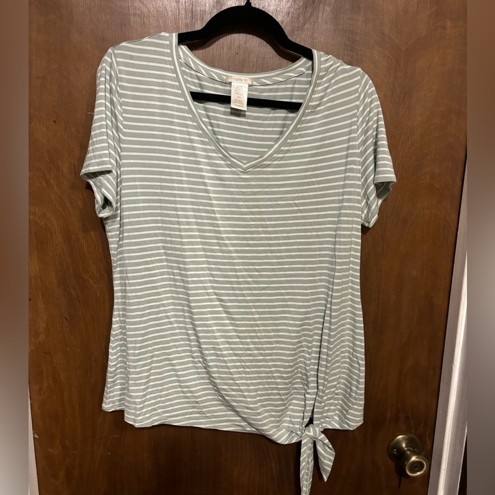 Martty M Green and White Striped Tee V-Neck with a Side Tie Women’s Size Large